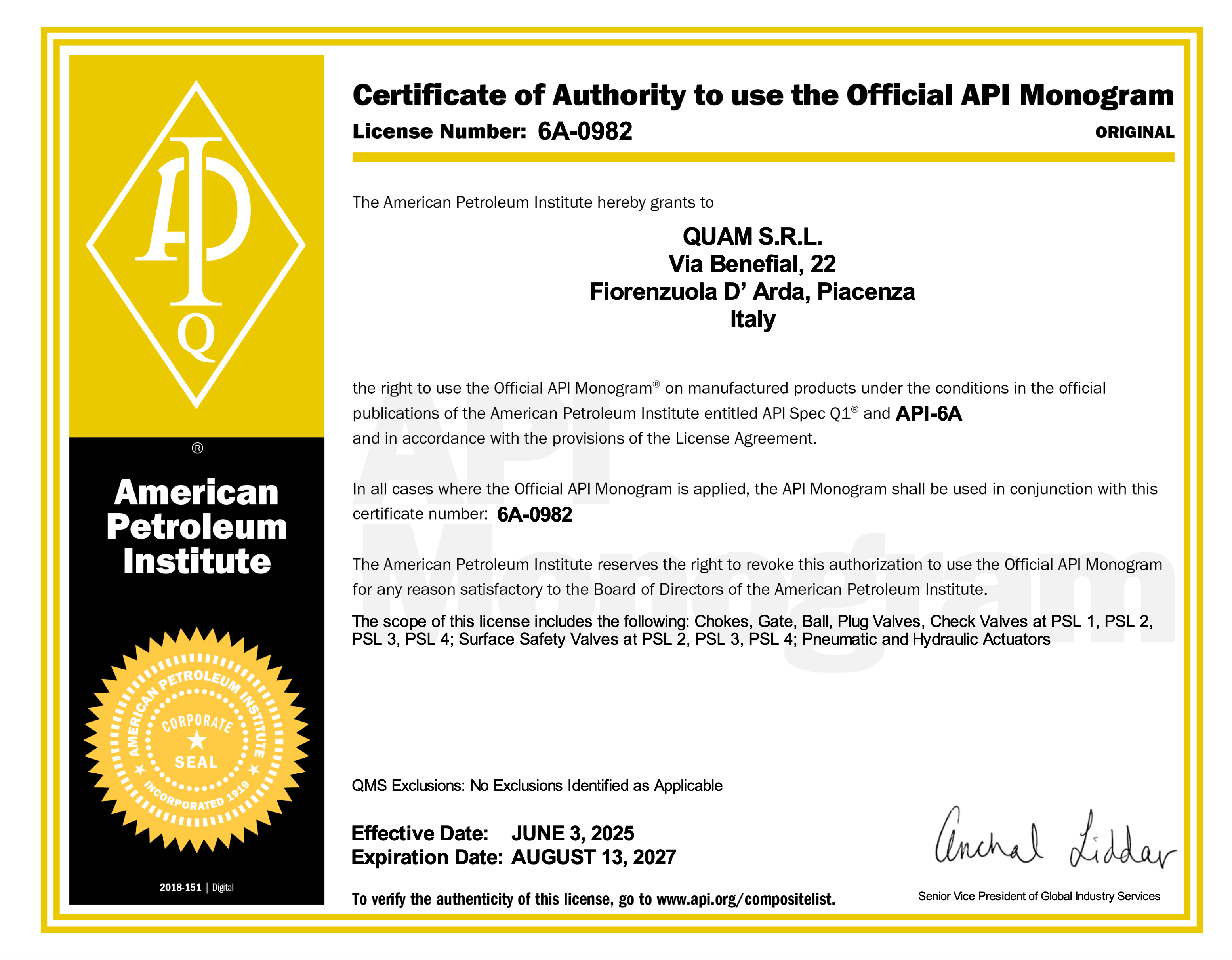 Certificate API 6A